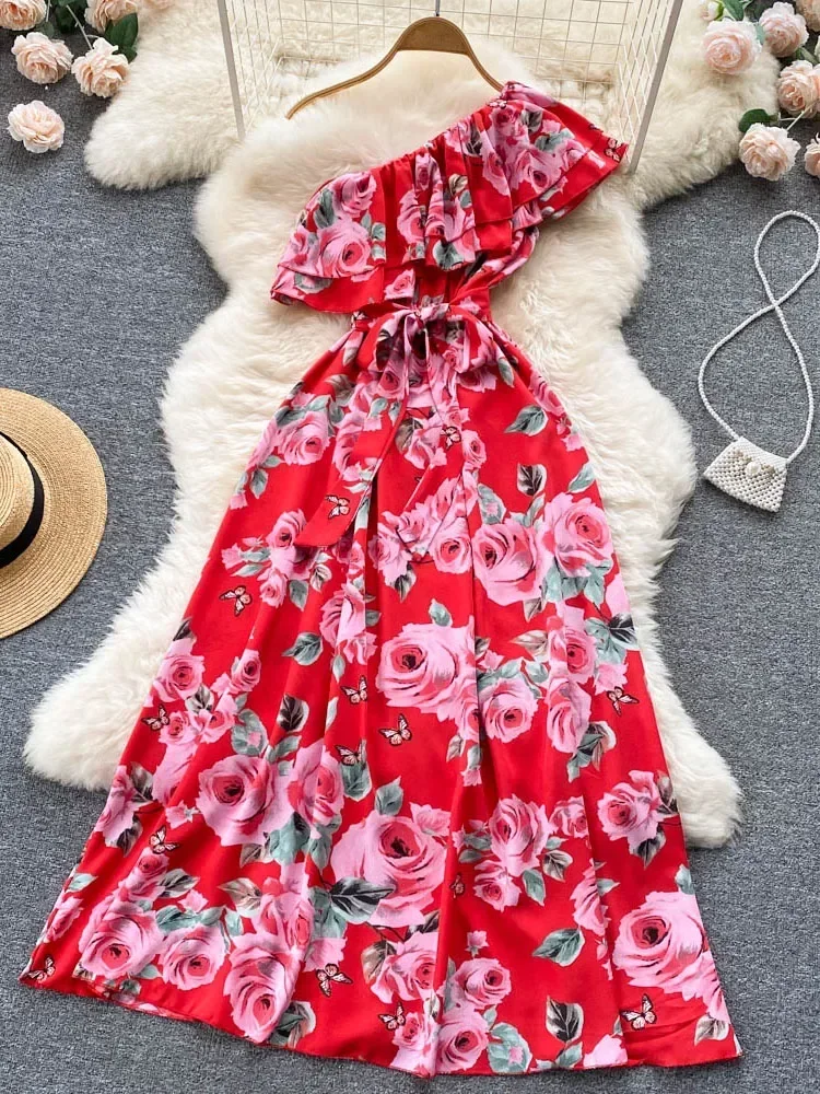 Floral Print Dress Summer Sexy Off-the-shoulder Waist Temperament A-line Holiday Beach Big Swing Long Dress Women D1127
