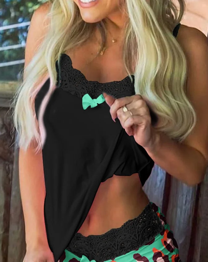 Leopard Print Colorblock Lace Trim Cami Set