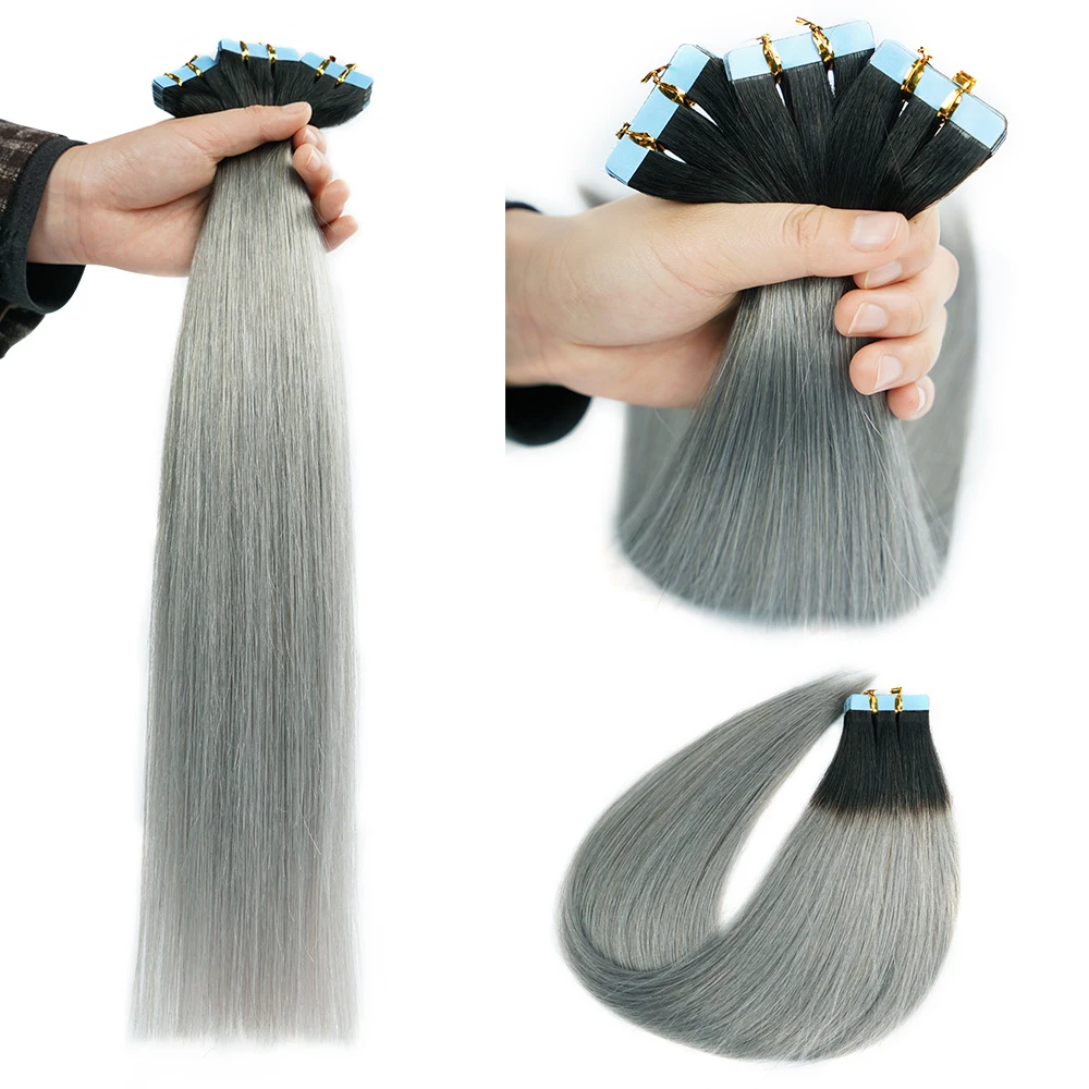 Veravicky Ombre T1B-Grey nastro colorato nelle estensioni dei capelli 50G 20 pezzi 100% veri capelli umani Remy neri radicati al grigio da 14 a 24 pollici