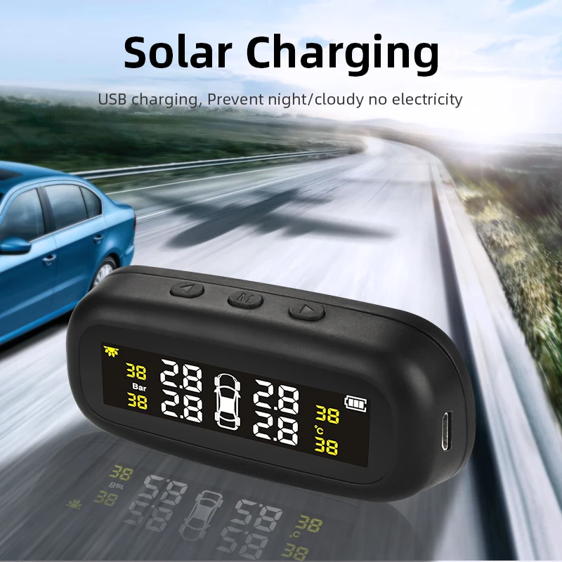 Solar TPMS Car Tire Pressure Monitoring System LCD Display Intelligent Temperature Warning Fuel Save 4 Sensors Auto Type