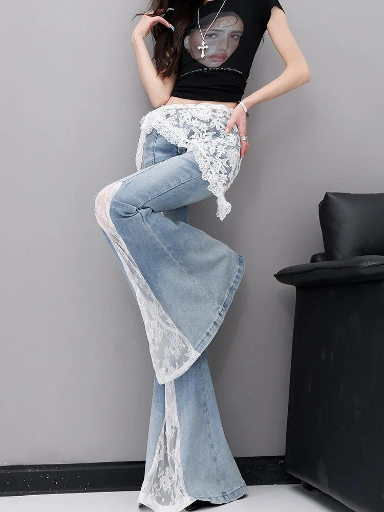 

Tall Length Lace Trim Flared Jeans Women Summer 2025 Slim Fit Bootcut Trousers Y2K Girl Bodycon Denim Pants