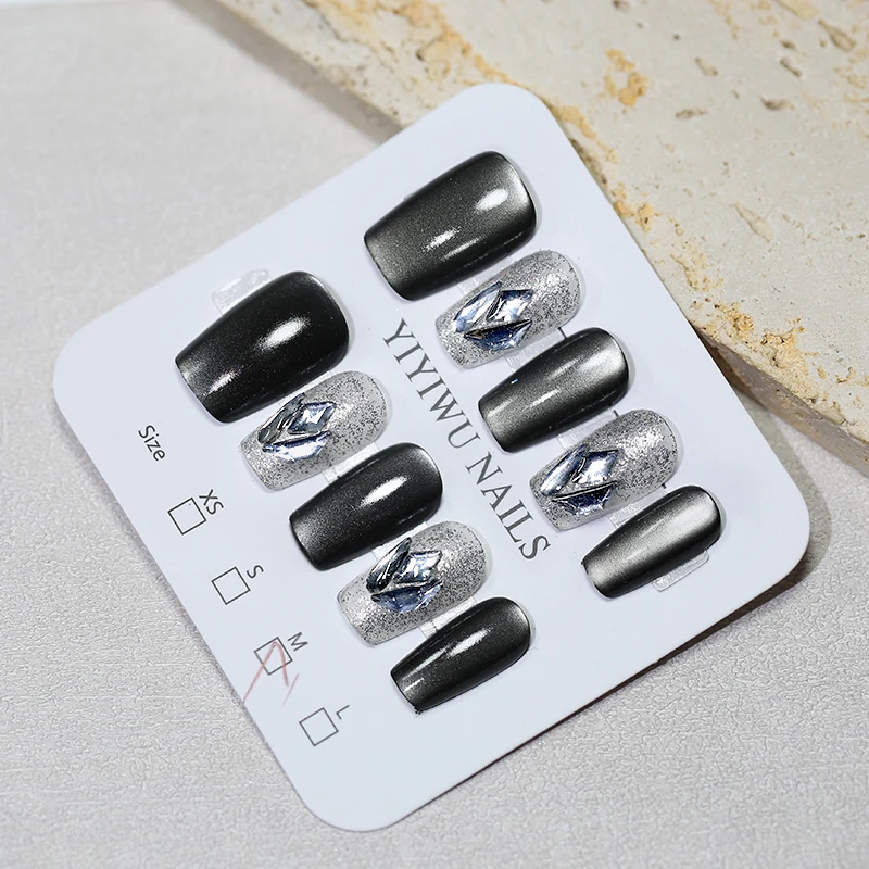 

Shiny Pink Almond Full Cover Press on Nails 10Pcs with Black Star Designs Reusable Acrylic Fake Nails Tips for Women