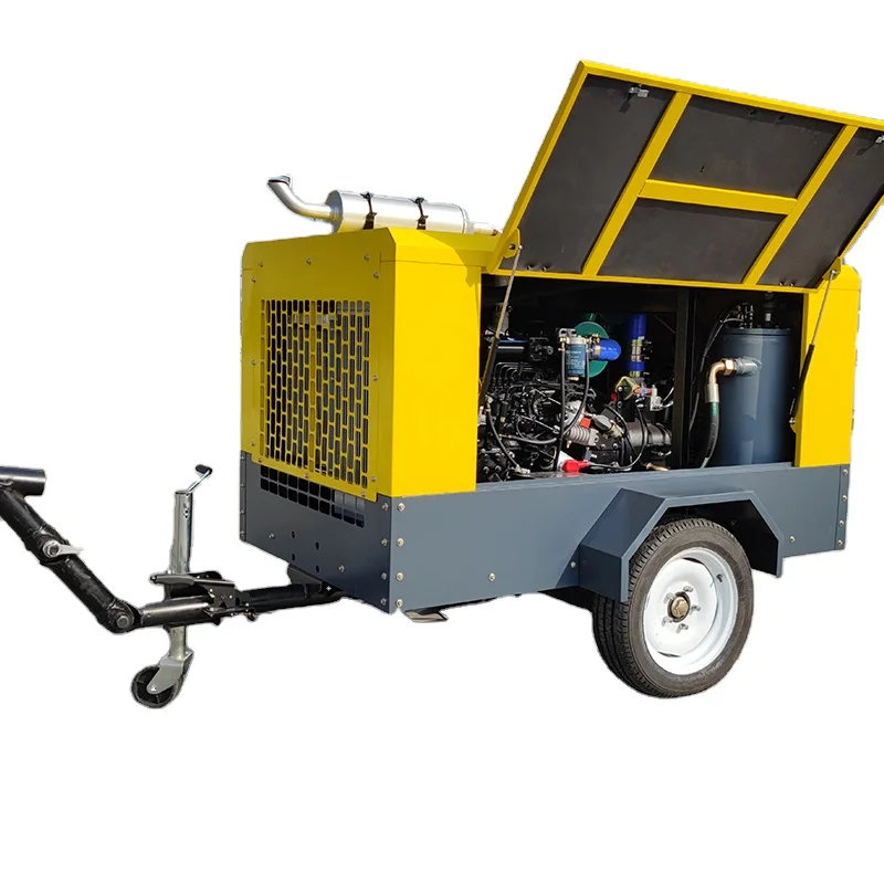 Portable Screw Air Compressor Heavy Duty Mining Equipment Six Cylinder Diesel Engine Air Cooled Lubricated High Efficiency