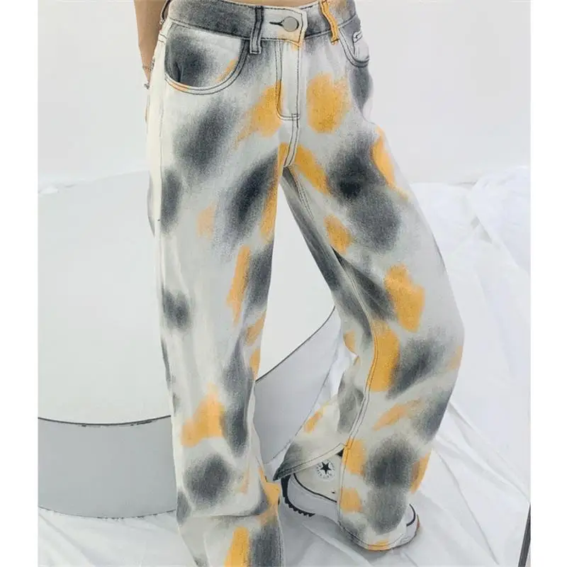 Casual Color Painting Tie Dye Split Fork Wide Leg Jeans Femme Spring Summer Pockets Zipper Cuffs Straight Floor Mopping Trousers