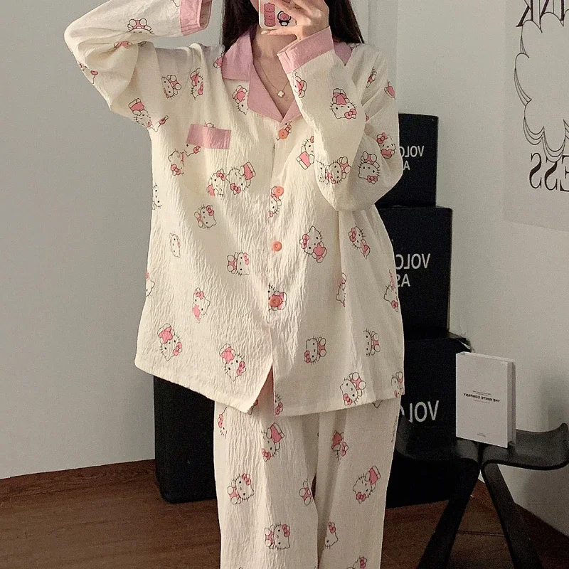 New Sanrio Hello Kitty Anime Women's Pajamas Cute Wearable Set of Spring Autumn Clouds Cotton Comfortable Homewear Birthday Gift