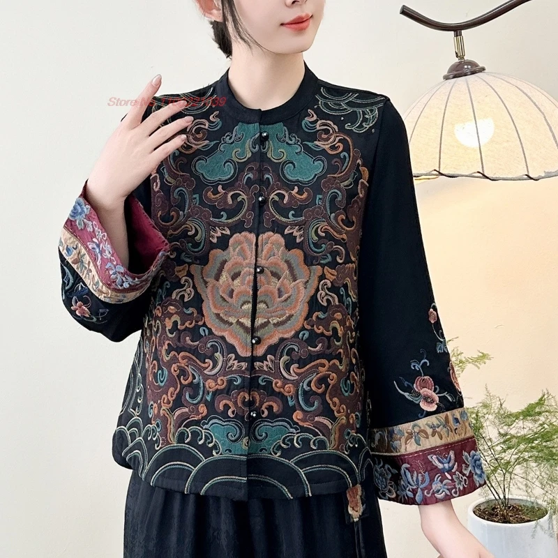 

2026 chinese vintage vest sleeveless jacket national flower embroidery satin jacquard stand collar vest traditional folk vest