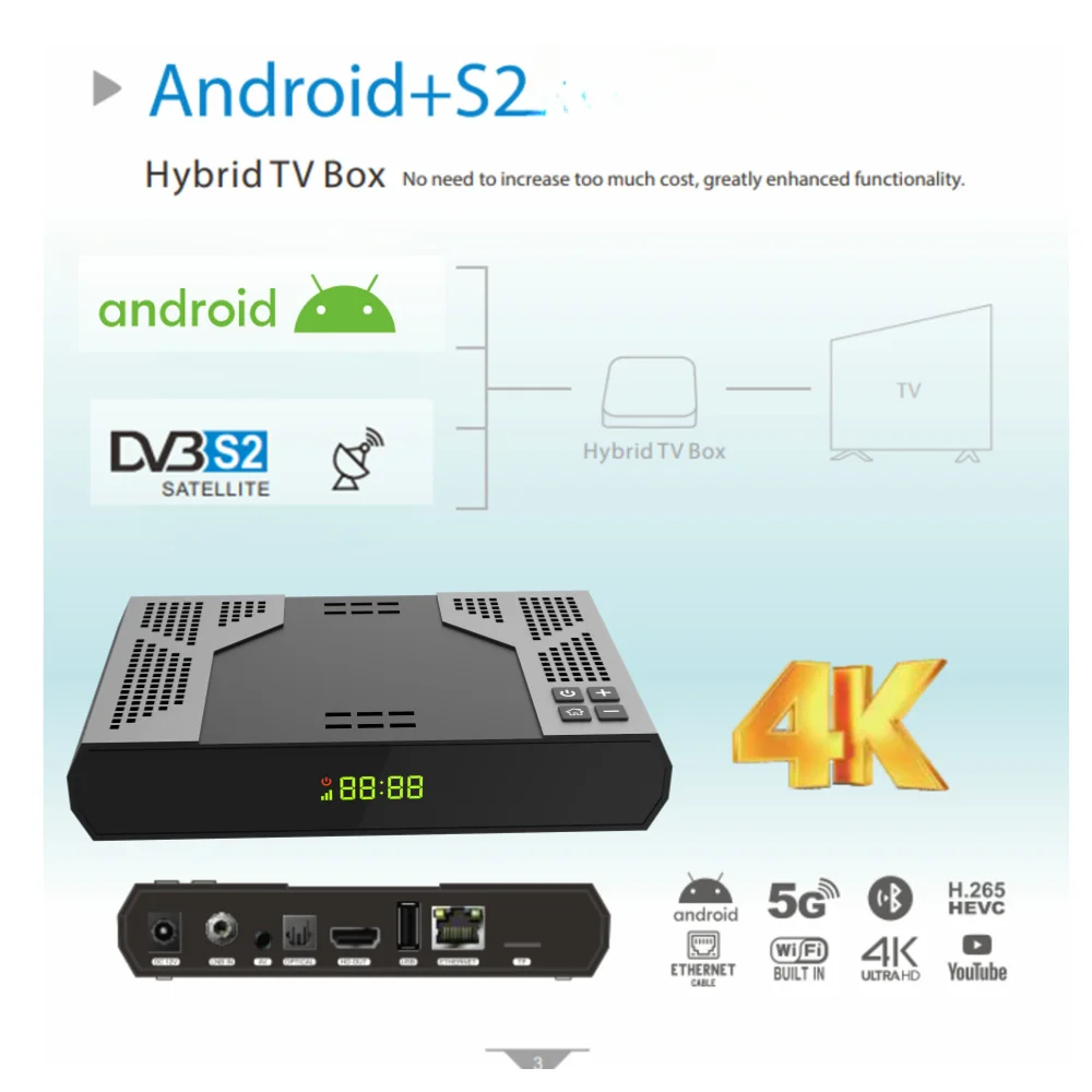 Android OTT 4K+DVB-S2 Hybrid TV Box hi6323 H.265 5G Wifi 2+16GB OTT+DVB Decoder Digital Satellite TV Receiver Combo Set-top Box