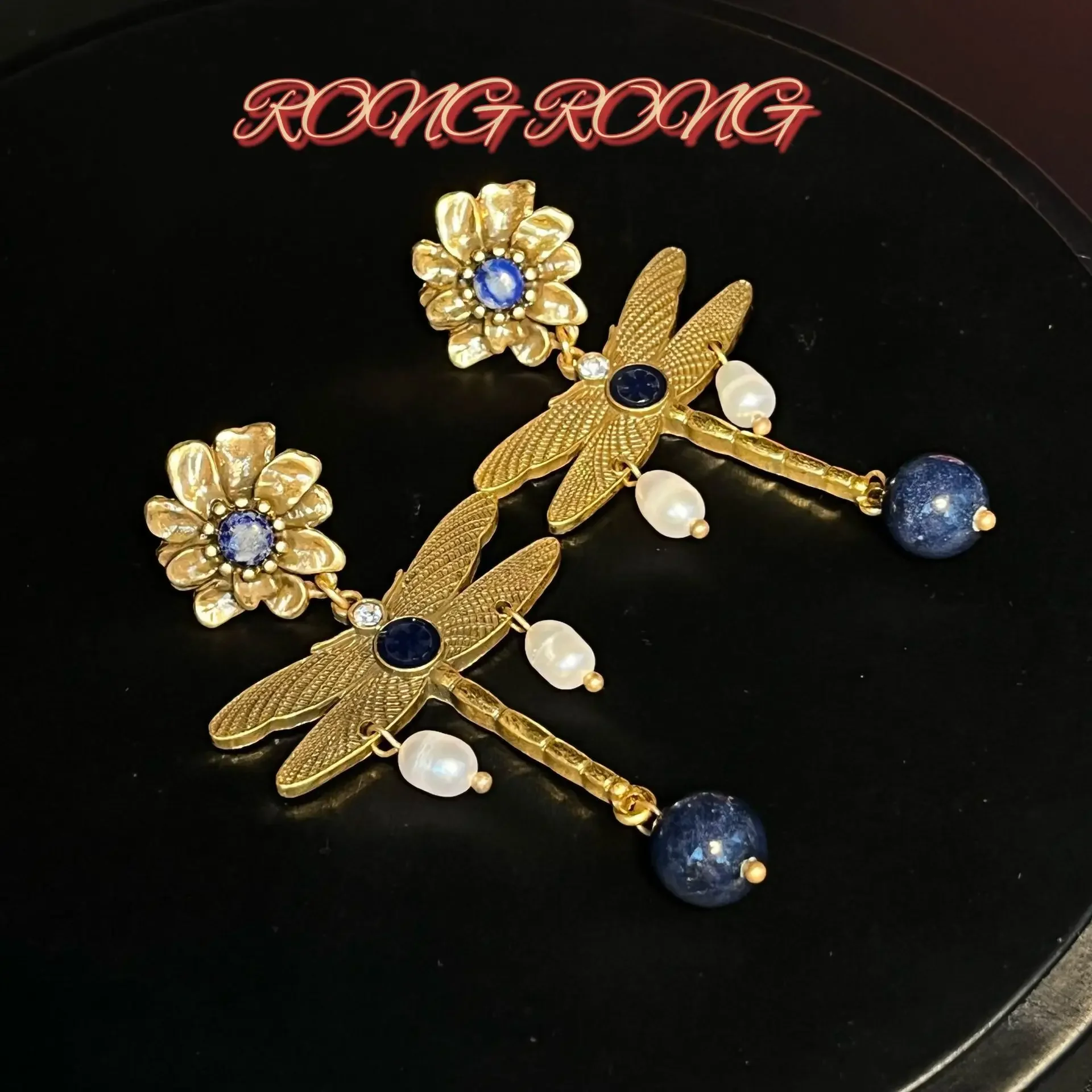 Antique Dragonfly Freshwater Pearl Earrings European and American Retro Personality Lapis Lazuli Exaggerated Vintage Earrings