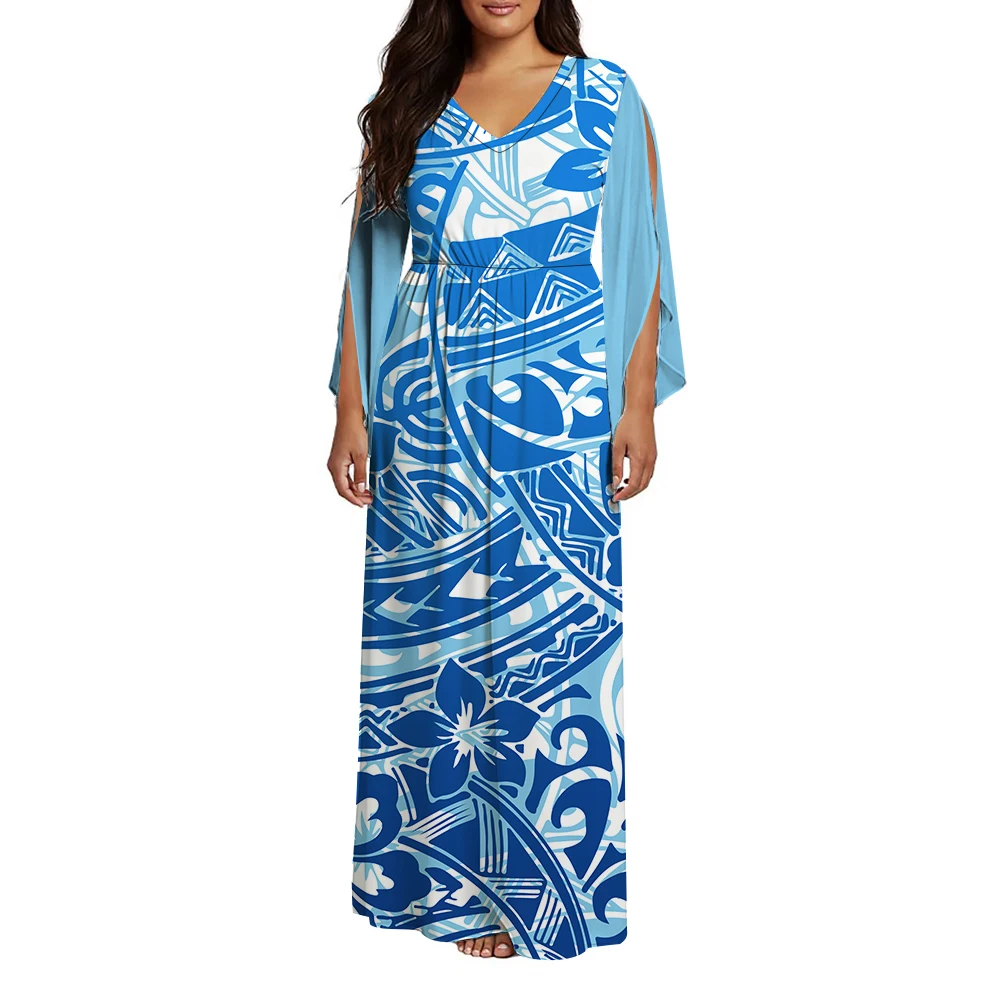 

Fashionable Casual Polynesian Custom Dress Pattern - High-Quality Butterfly Sleeves V-Neck Fitted Waist Elegant Ladies' Dress