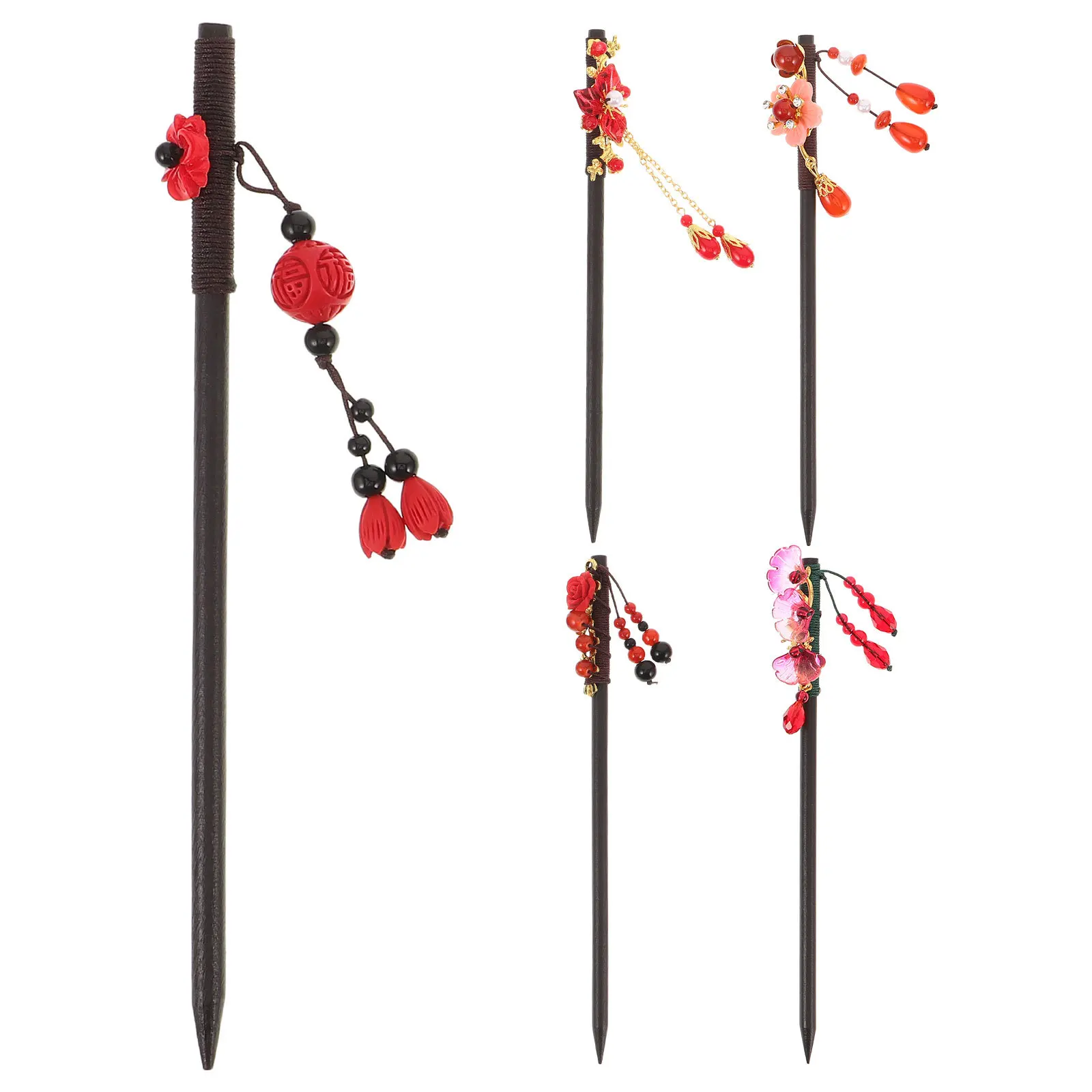 

5 шт., заколка для волос в древнем стиле, красная кисточка: китайская палочка для волос для булочки, традиционные аксессуары ханьфу, свадебные азиатские аксессуары