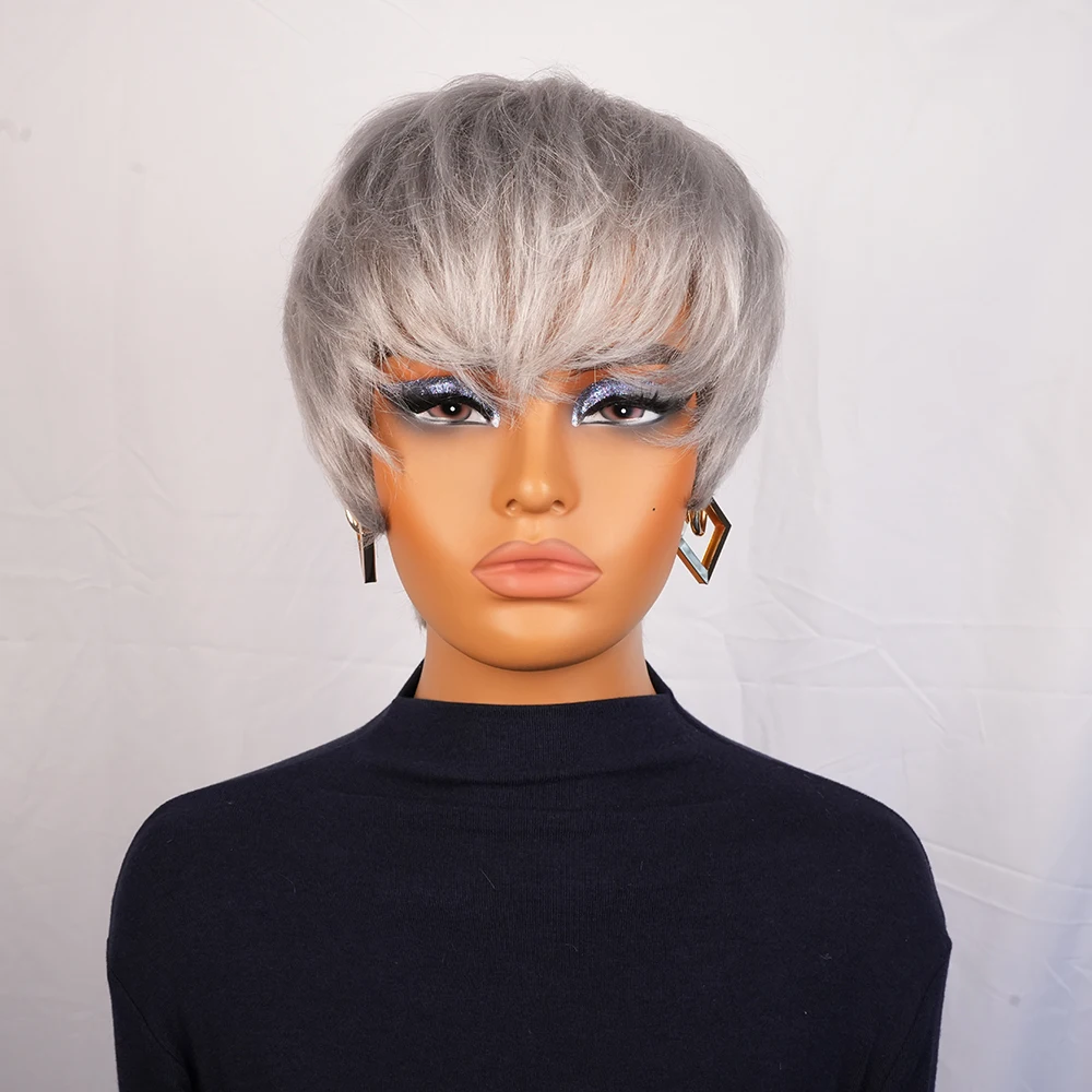 Парик из натуральных волос с стрижкой пикси Короткие серые многослойные вьющиеся парики с челкой Натуральные бразильские человеческие волосы Полный машинный парик