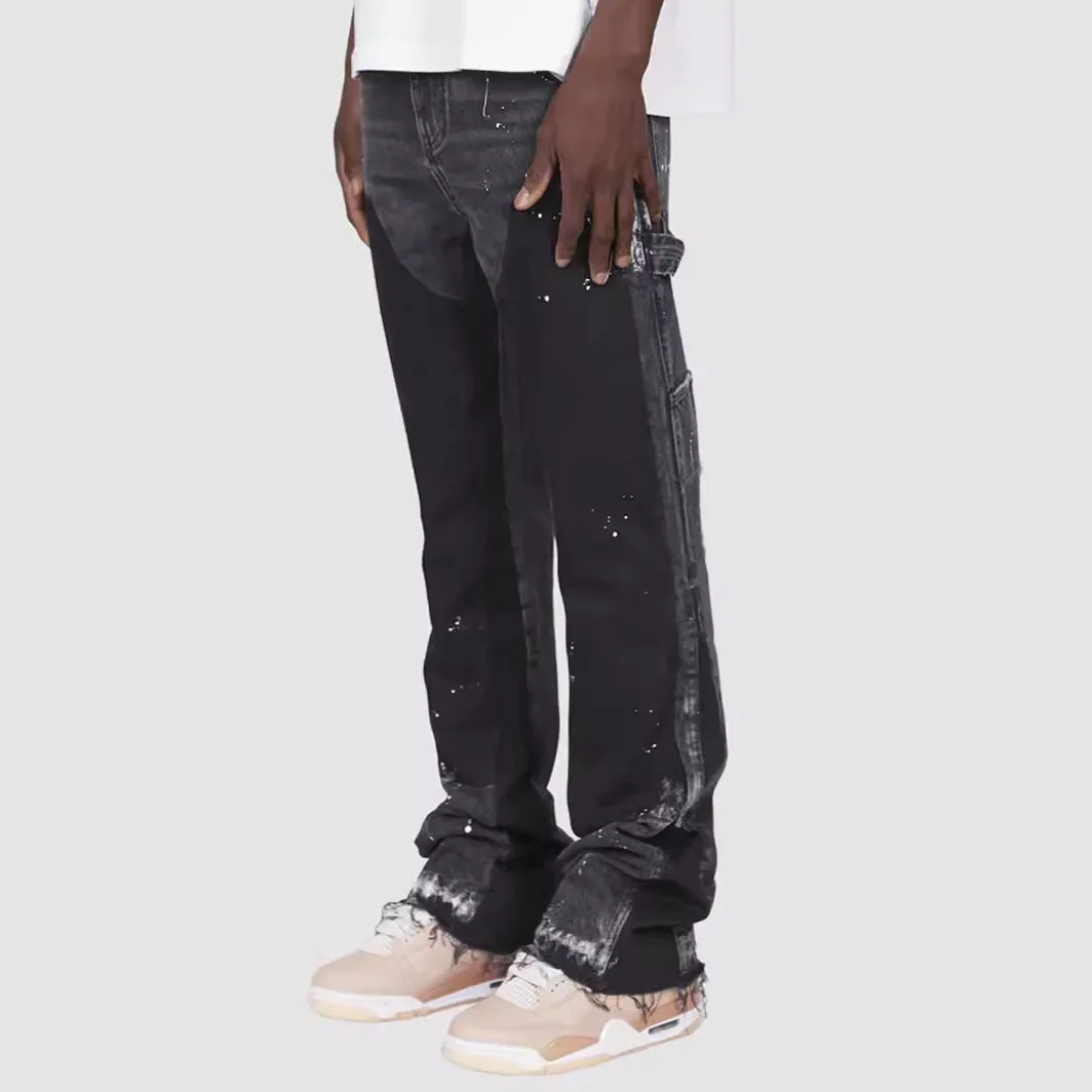 Hand-painted Black Men's Stacked Flared Pants Contrast Color Spliced Casual Denim Outwear For Male