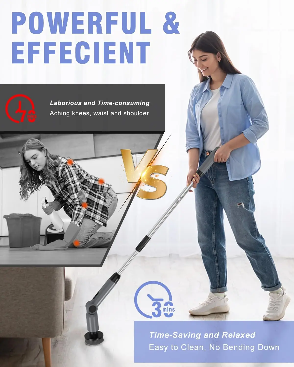 منظف دوار كهربائي، مقاوم للماء IPX7، عزم دوران 50 كجم، 9 رؤوس فرشاة، سرعتان، 4 زوايا، لبلاط أرضية الحمام (رمادي) #4