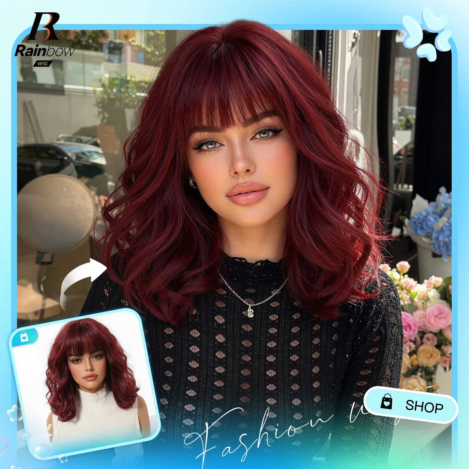 Wine Red Medium Wavy Bob Wig With Fringe Bangs Silky High Temperature Synthetic Hair Natural Hairline Lightweight Comfortable Lace Net Cap Fashion Ladies Daily Wig