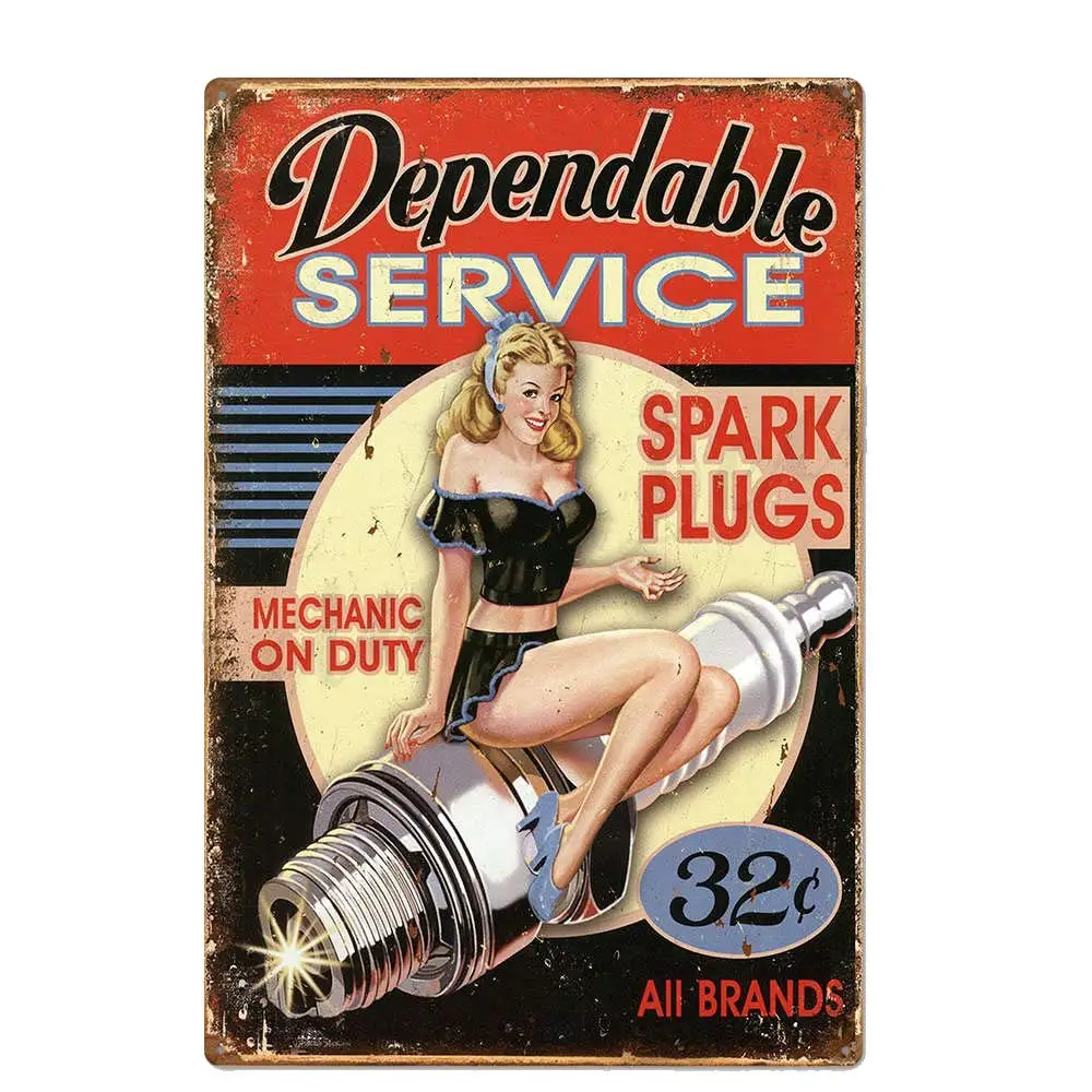 

Retro Design Dependable Service Spark Plugs Tin Metal Signs Wall Art Thick Tinplate Print Poster Wall Decoration for Garage