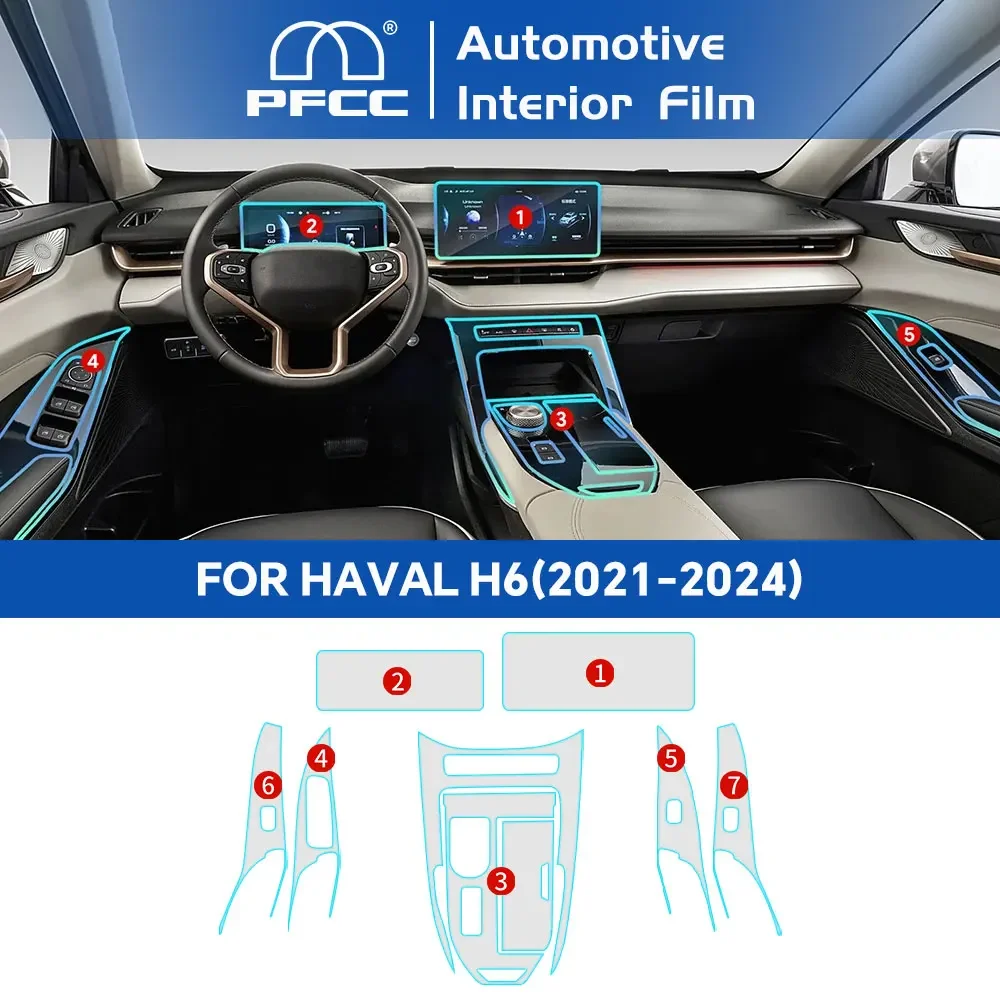 

PFCC Interior Film For Haval H6 3rd Gen 2021-2024 Car Center Console Navigation Dashboard Gear Door Window Panel Transparent LHD
