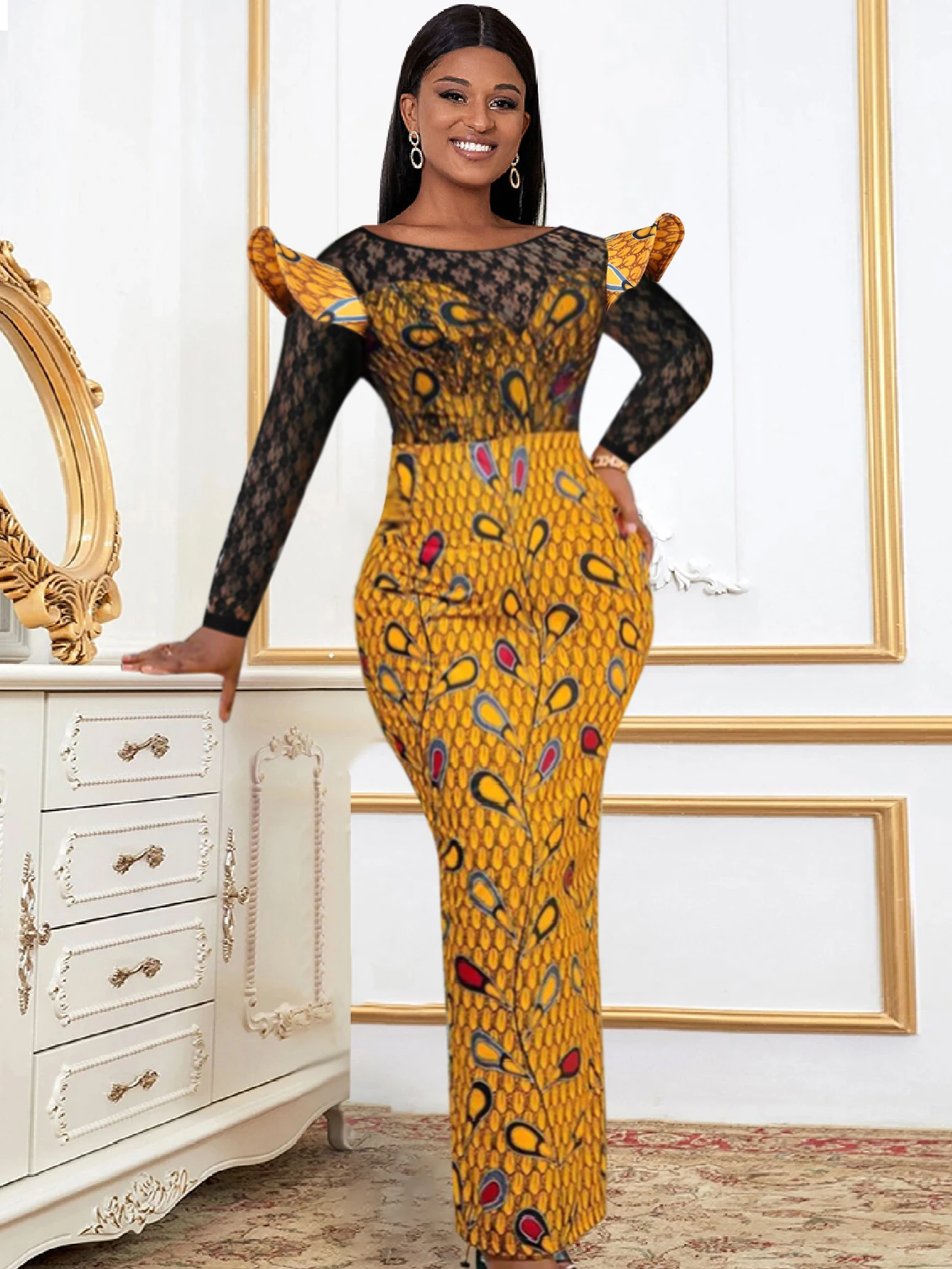 Women Printed Long Dresses Lace Patchwork O Neck Long Sleeves See Through African Large Size High Waist Package Hip Retro Gowns