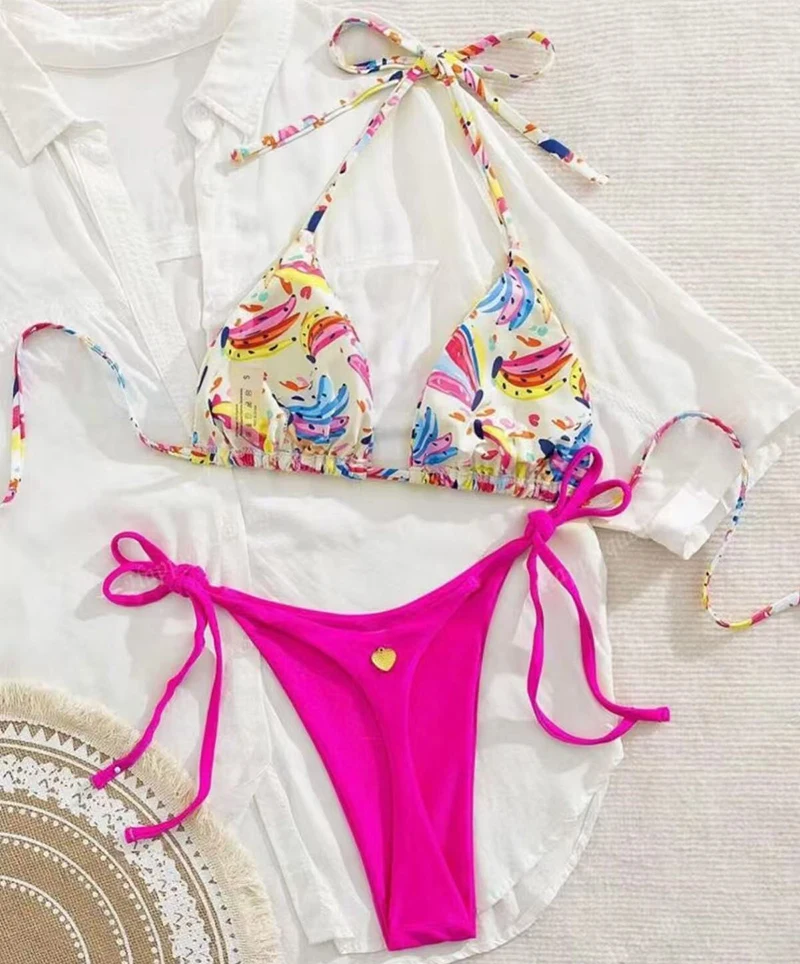 

Сексуальные стринги-бикини 2026, женские разноцветные бразильские бикини с принтом тропических фруктов, разделенный купальный костюм, летний купальник, пляжная одежда