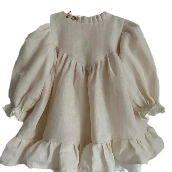 Girls Dress 2024 Spring New Linen Girls Spliced Casual Princess Round Neck Dress with Ruffle Edge Baby Dress Children Wear