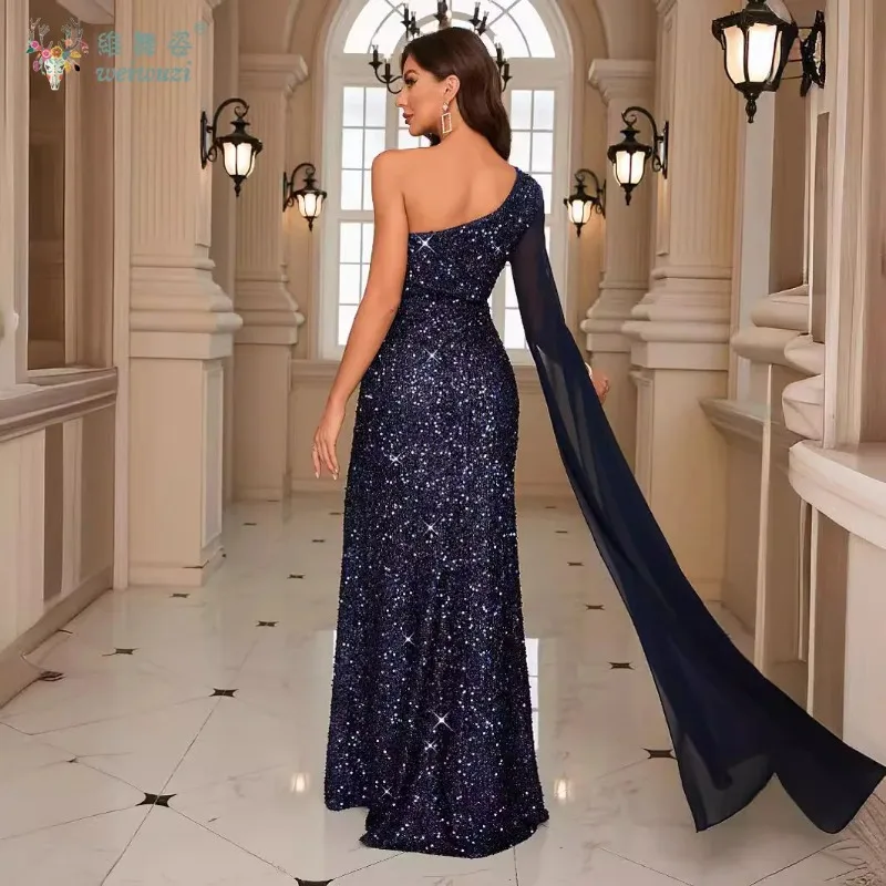 Vestido de fiesta de lentejuelas azul oscuro brillante elegante vestido de noche de fiesta largo de gasa con un hombro dividido y manga larga voladora