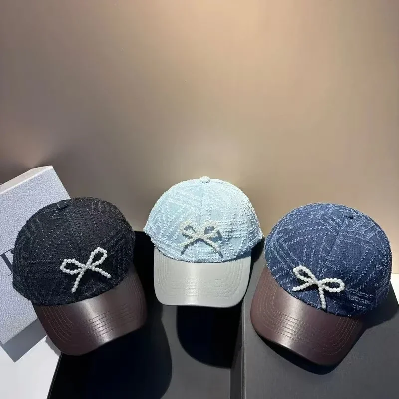 

2025 new Spring/Summer New Tassel Leather Hat Brim Baseball Cap Korean Version Fashionable Pearl Bow Women's Sunshade Hat BQ2285