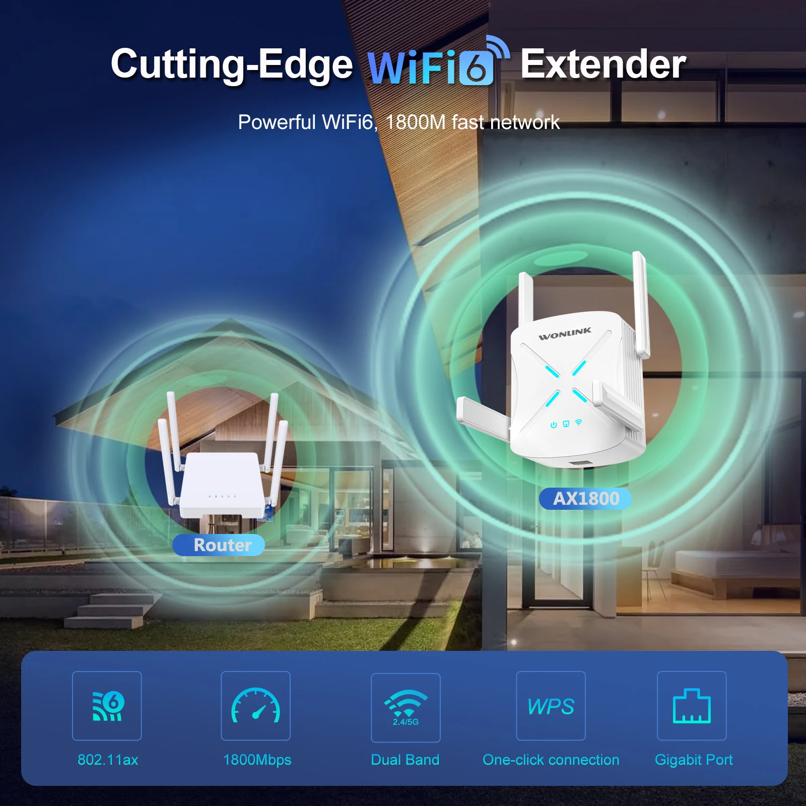 Extensor de rango Wi-Fi 6 AX1800 2G y 5GHz repetidor WIFI de doble banda 4*2dBi antena Gigabit WiFi 6 expansión de señal de largo alcance