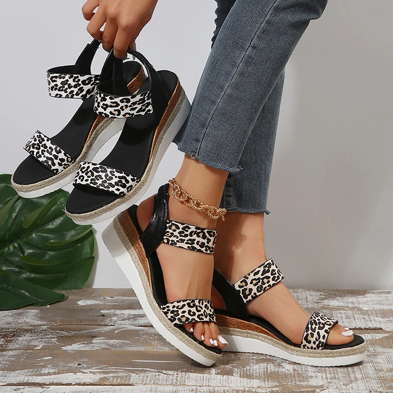 Leopard Print Wedge Heel Sandals Women Summer Light Non Slip Gladiator Sandalias Woman Plus Size Fashion Platform Sandles Mujer