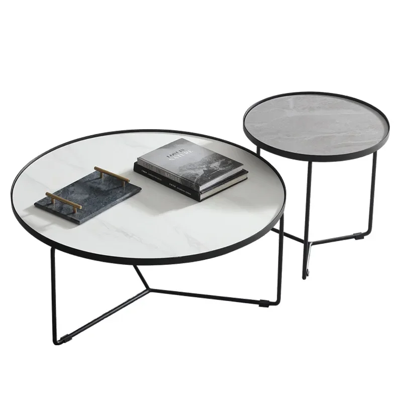Side several Italian light luxury rock slab tea high and low combination round marble tea table
