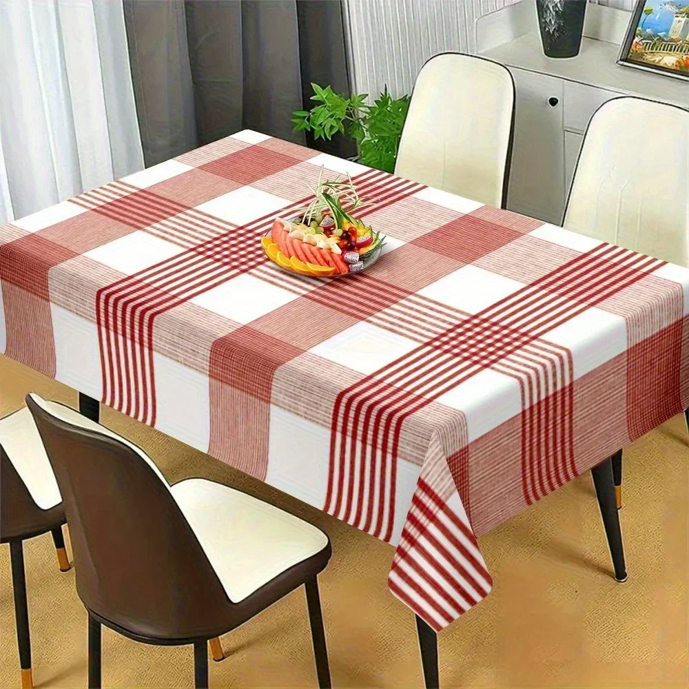 One red and white checkered tablecloth, creating a simple dining atmosphere. Rectangular, durable polyester fabric.zyc