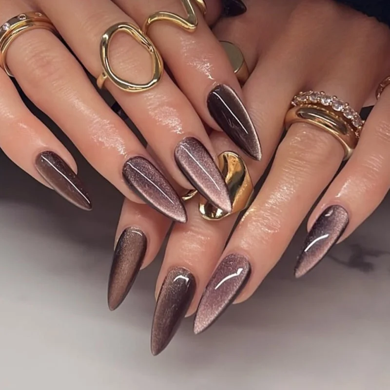 24Pcs False Nails Brown Solid Color Cat Eye Long Almond Shape Press-On Nail Tips Perfect Gift for Women and Friends