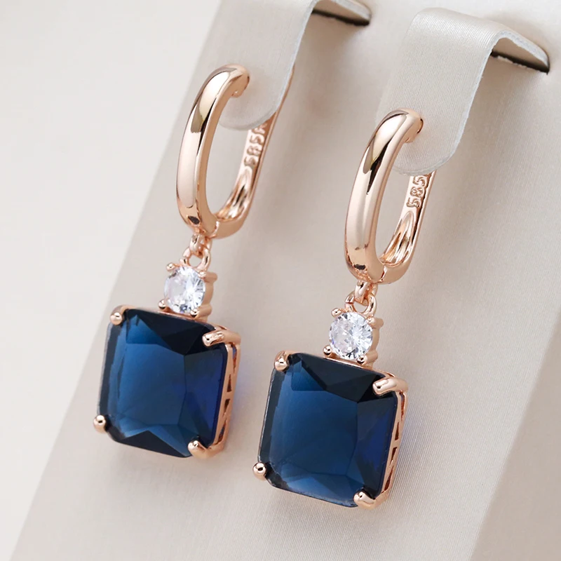 Kinel New Square Dark Blue Long Dangle Earrings for Women 585 Rose Gold Color Natural Zircon Wedding Earrings Daily Jewelry