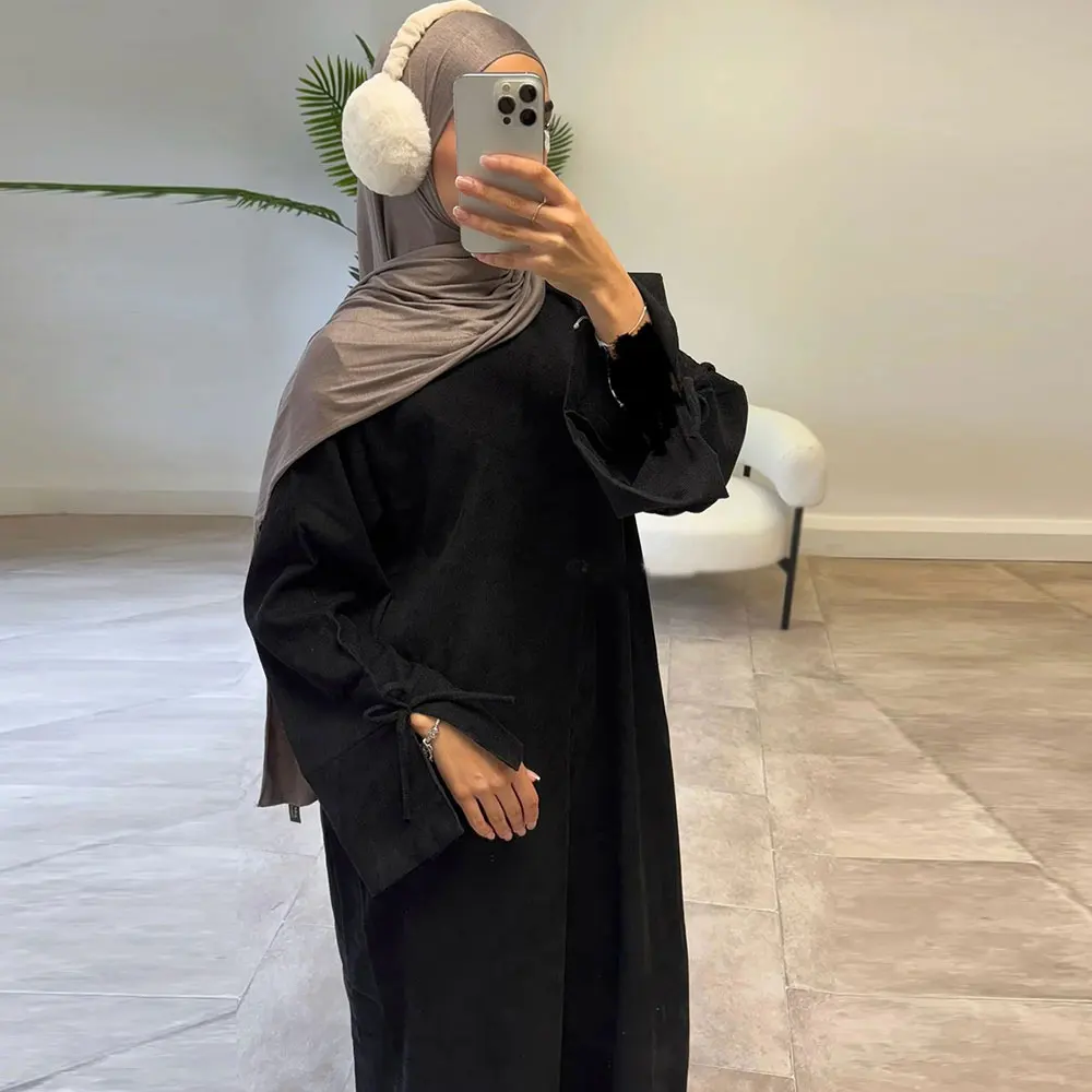 Winter Corduroy Bow Knot Sleeve Abaya Women Muslim Dress Modest Clothing Women Abaya Femmes Robe Musulmane Robes Prayer Clothes