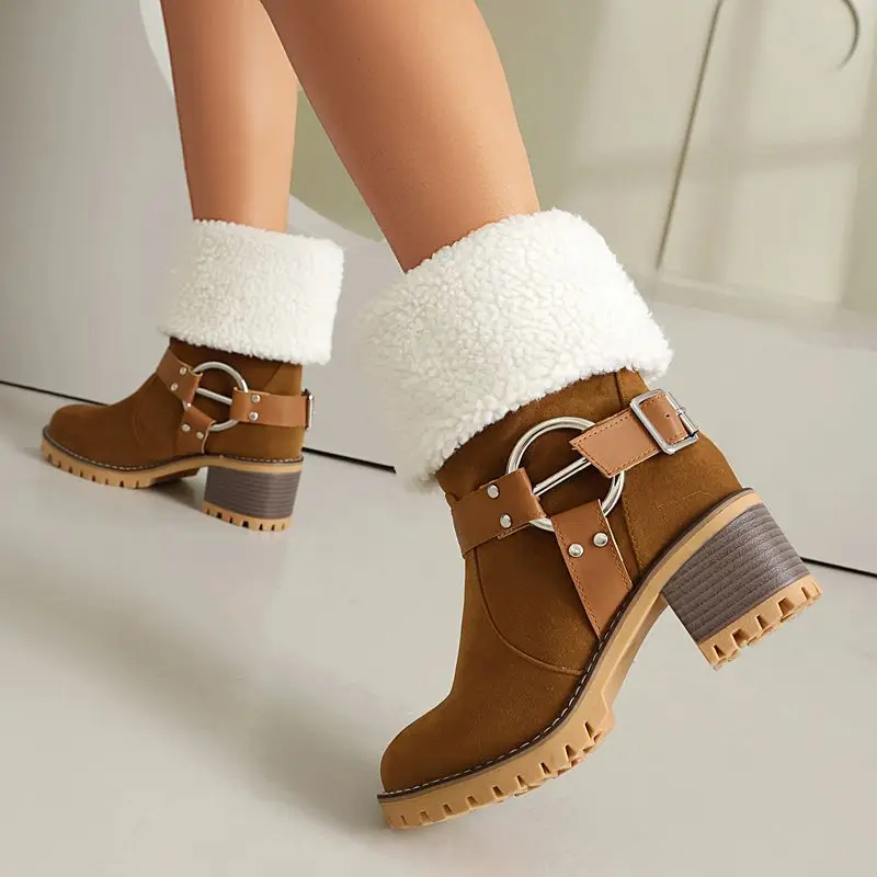 أورشا ليزا موضة 2025 موضة المرأة منتصف العجل الأحذية جولة تو 5.5 سنتيمتر كعب مكتنز الانزلاق على ديكور معدني حجم كبير 41-43 الرجعية