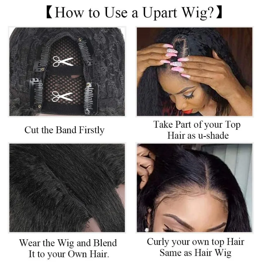 غريب مستقيم U جزء الباروكات للنساء السود الاصطناعية قصيرة ياكي مستقيم مجعد شعر مستعار أسود للشعر الطبيعي كامل رئيس U شكل واي فاي