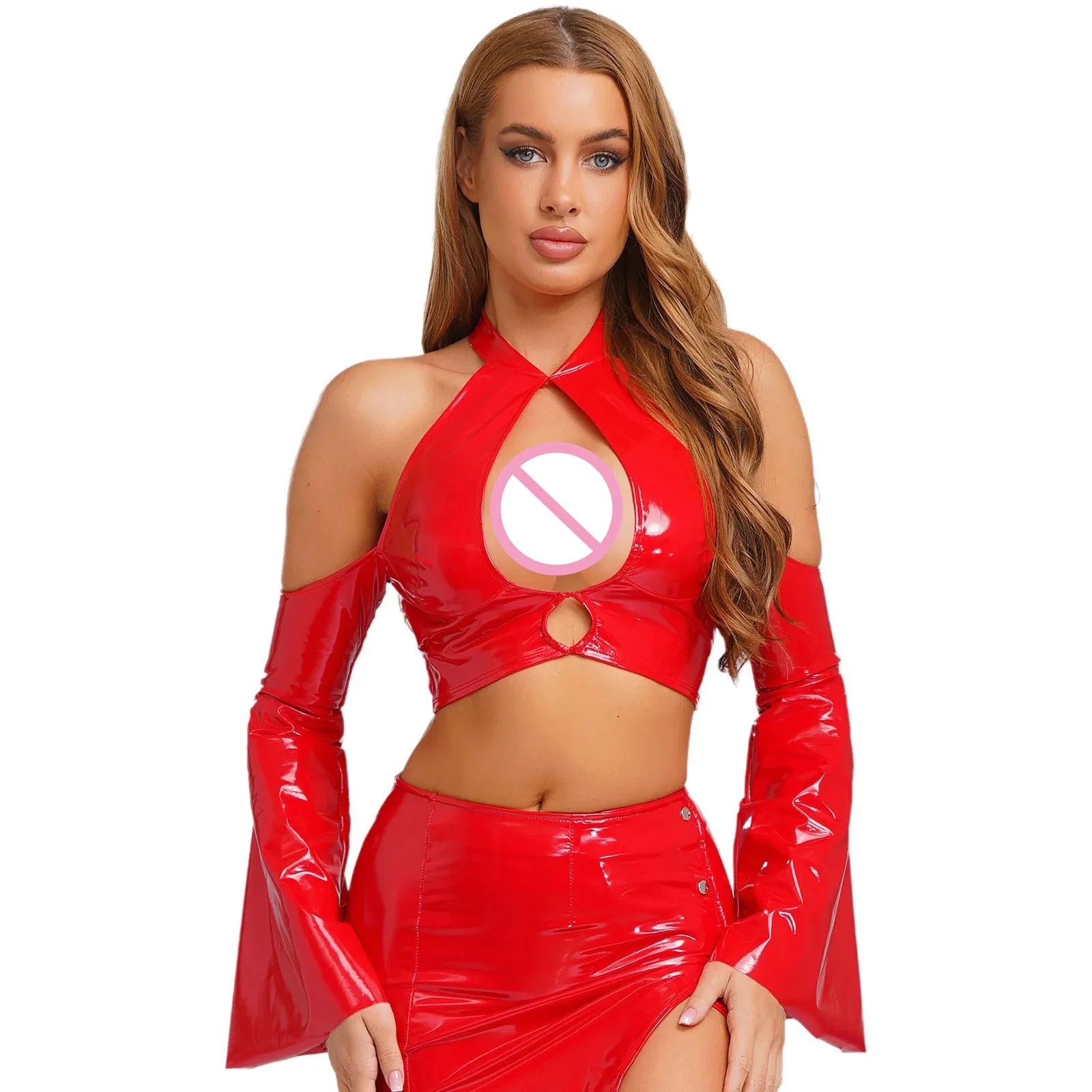 

Women Glossy Latex Hollow Out Crop Tops Halter Flared Sleeve Zipper Wet Look Shirt Top Clubwear for Raves Dance Night Club Party