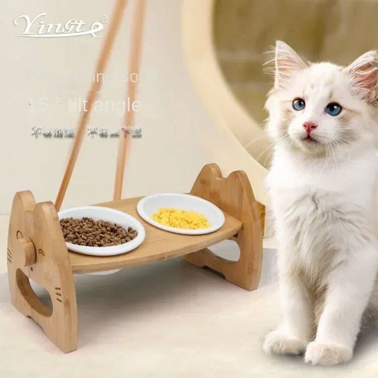 

Ceramic Double Neck Protection Ceramic Dog Cat Bowl Feeding Round Pet Solid Wood Food Basin