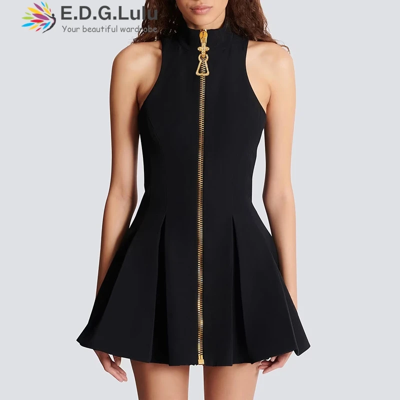 

EDGLuLu Stand Up Collar Sleeveless Black Dress 2025 Woman New Design Gold Zipper Mini A-Line Party Dress 1005