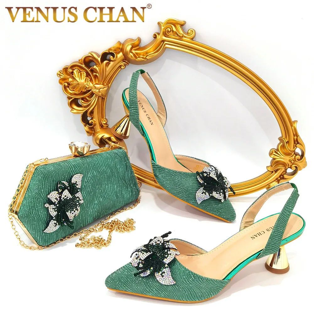 FASHION SHOE Sandals Women 2022 High Heels sexy Green Color Rhinestone Flowers Party Pumps Wedding Shoe and Matching Bag Set