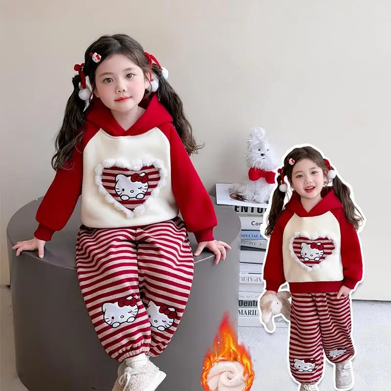 

Sanrio Hello Kitty Hoodie Pants Two-Piece Set Girl Autumn Winter Tops Sweatpants Child Kawaii Cartoon Fashion Casual Clothing