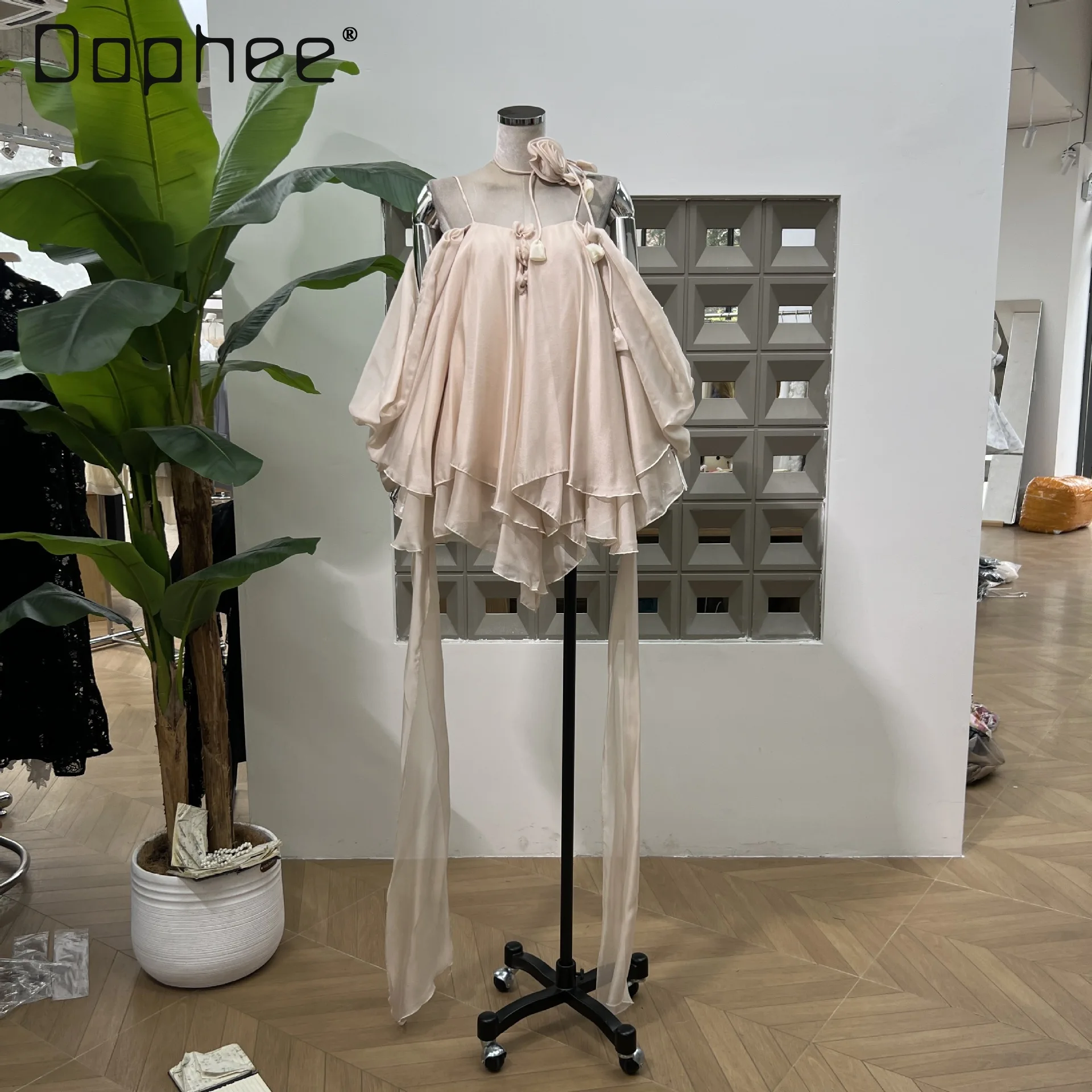 Vestido de tirantes estilo hada francés elegante, dulce y bonito vestido de baile ajustado JSK con flores tridimensionales para mujer, vestidos de noche