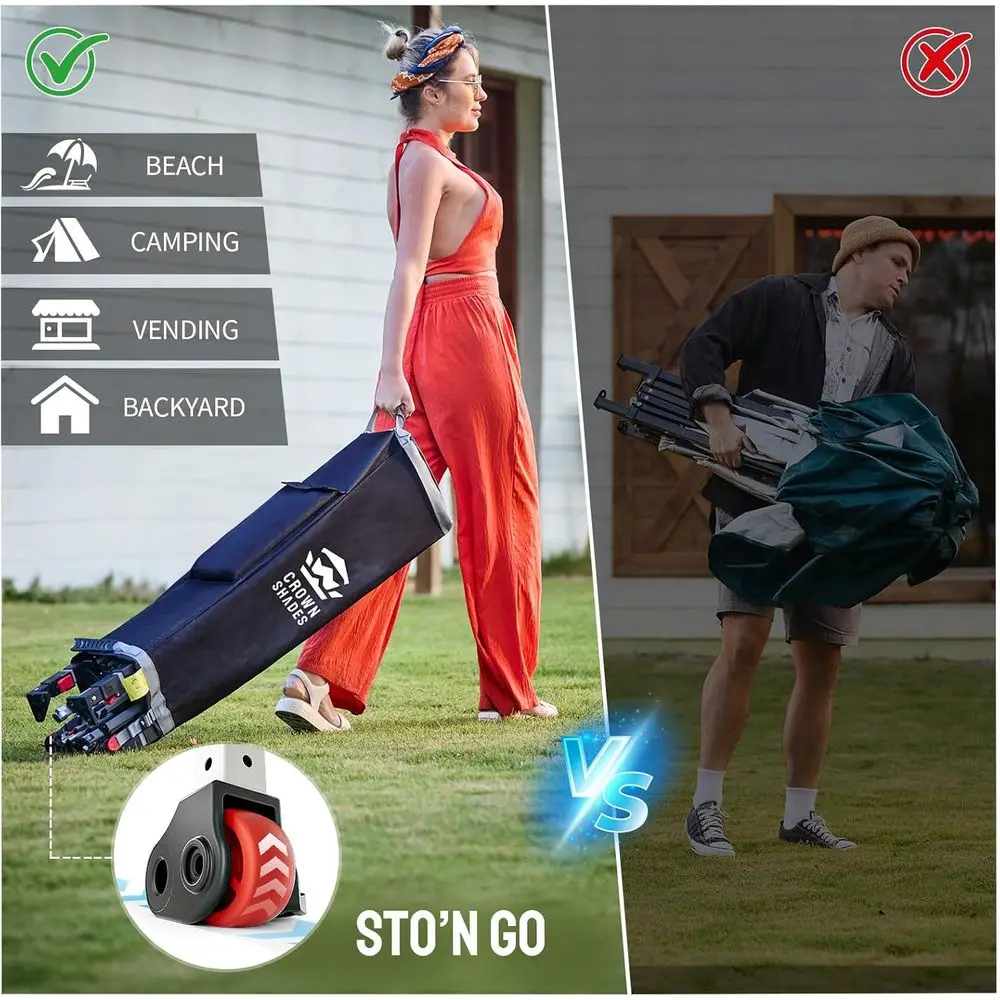 10x10 Instant Beach Tent with One-Touch Setup, Outdoor Sun Shelter for Events, Parties, Camping - Grey Grid Gazebo with Carry Ba