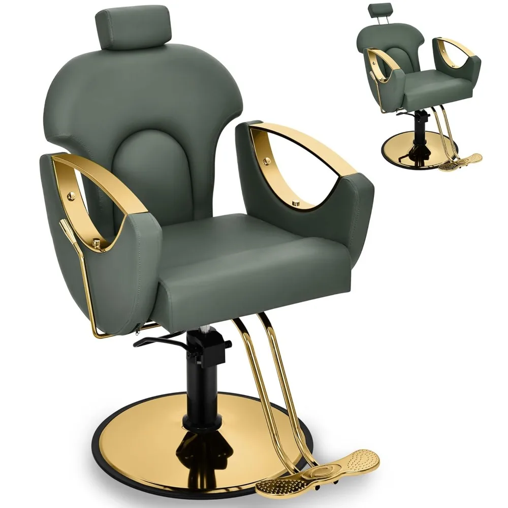 

Dark Green Barber Chair for Home Barbershop, Reclining Hydraulic Hair Salon Armchair, 360°Rotation,135°Recline,Beauty Salon Hair