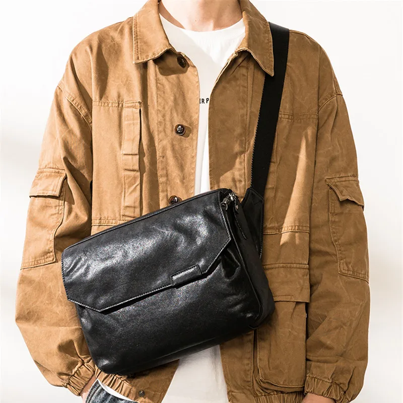 Fashion casual luxury genuine leather men's black messenger bag outdoor work commuting natural real cowhide tablets shoulder bag