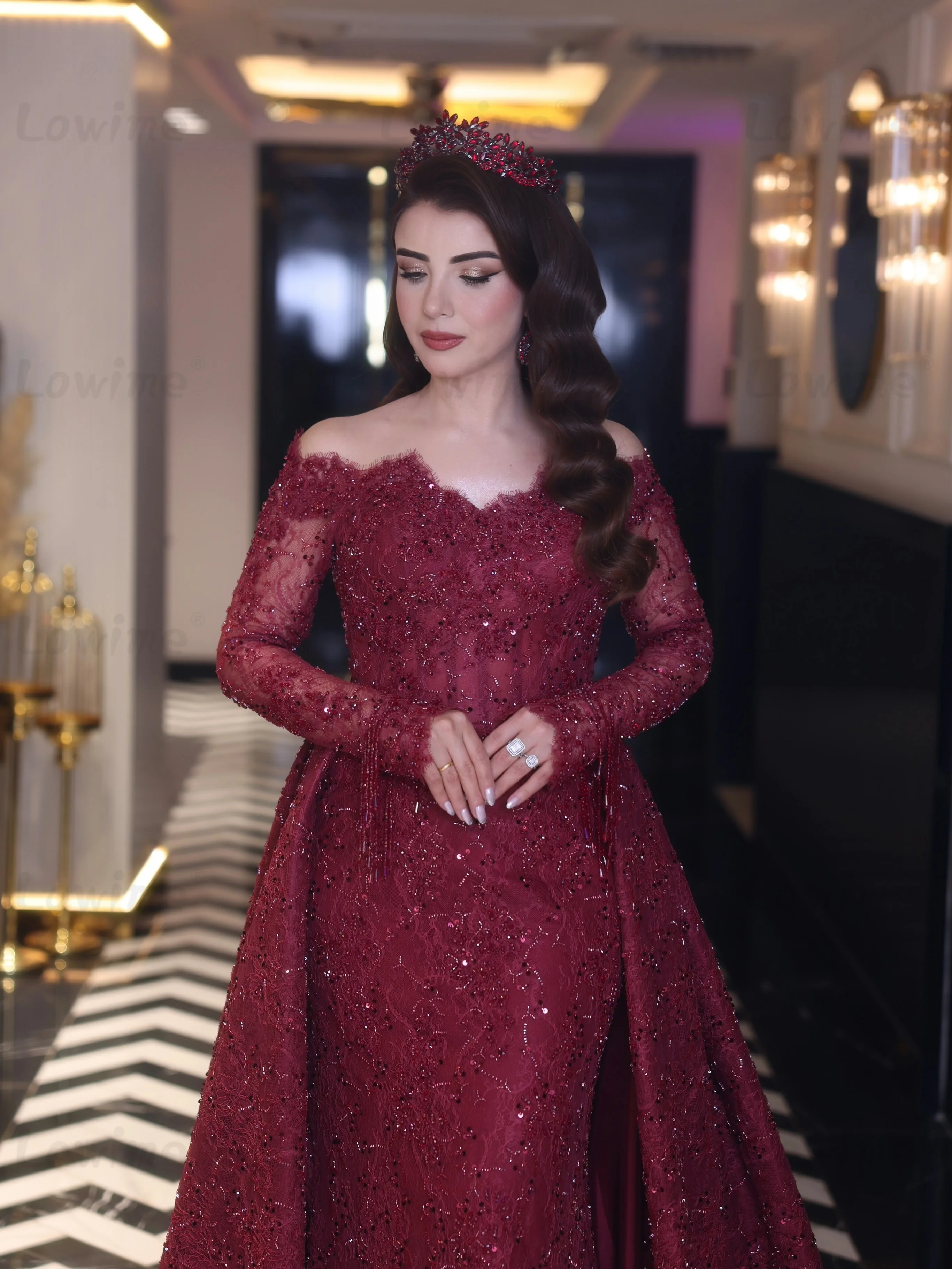 

Customized Burgundy Lace Prom Dresses Off the Shoulder Mermaid Wedding Party Dress With Overskirt Women's Formal Evening Gown