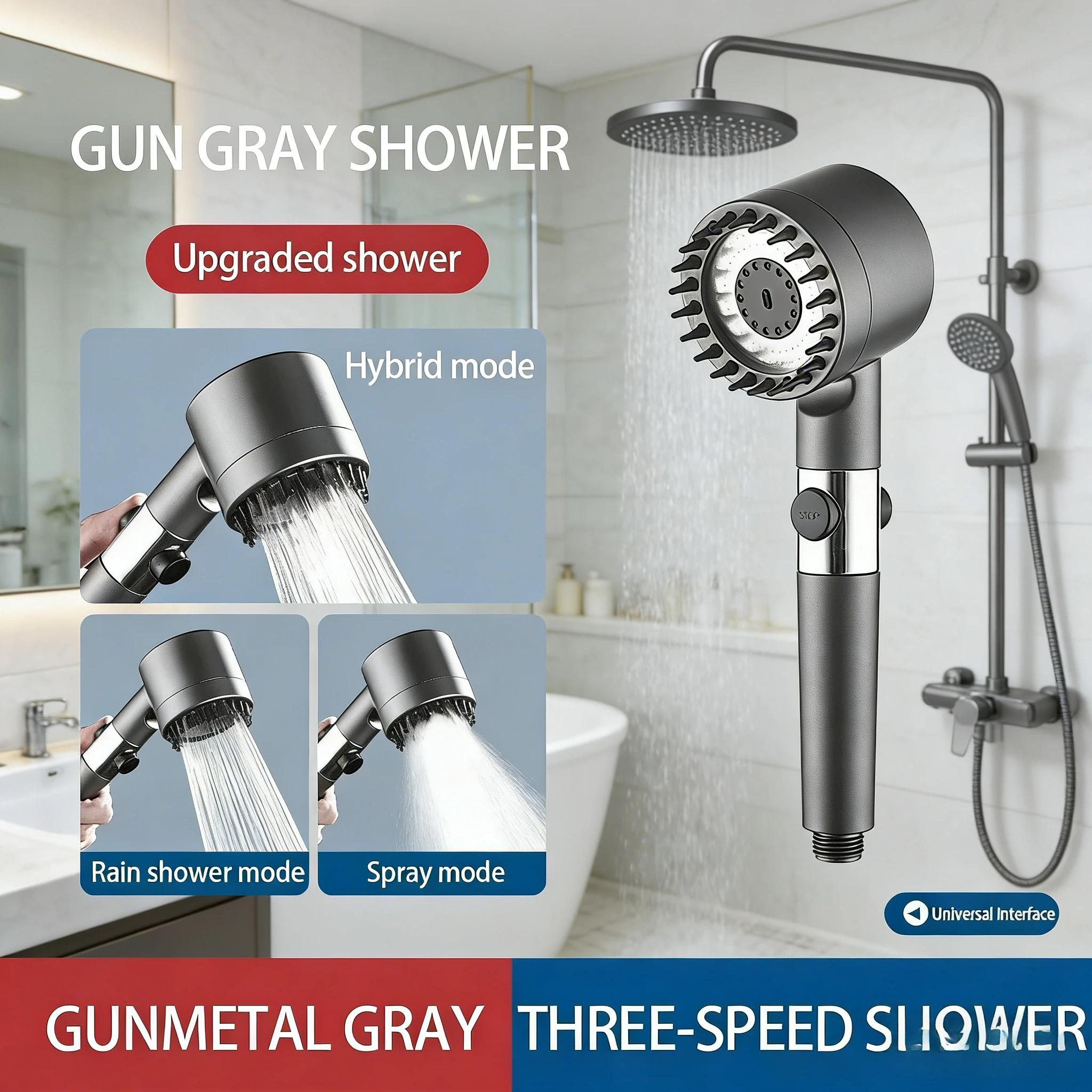

High pressure filter shower head, three mode spray with massage brush, bathroom rain faucet accessories