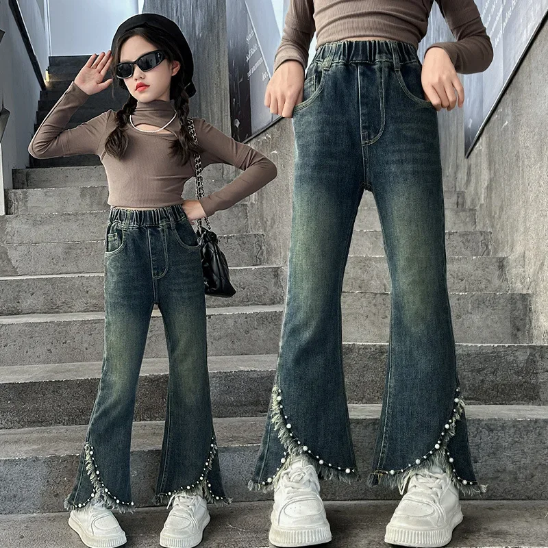 Baby Girl Pants Girls Spring and Autumn Pants 2024 New Medium and Large Children Button Raw Edge Denim Micro-cut Long Pants