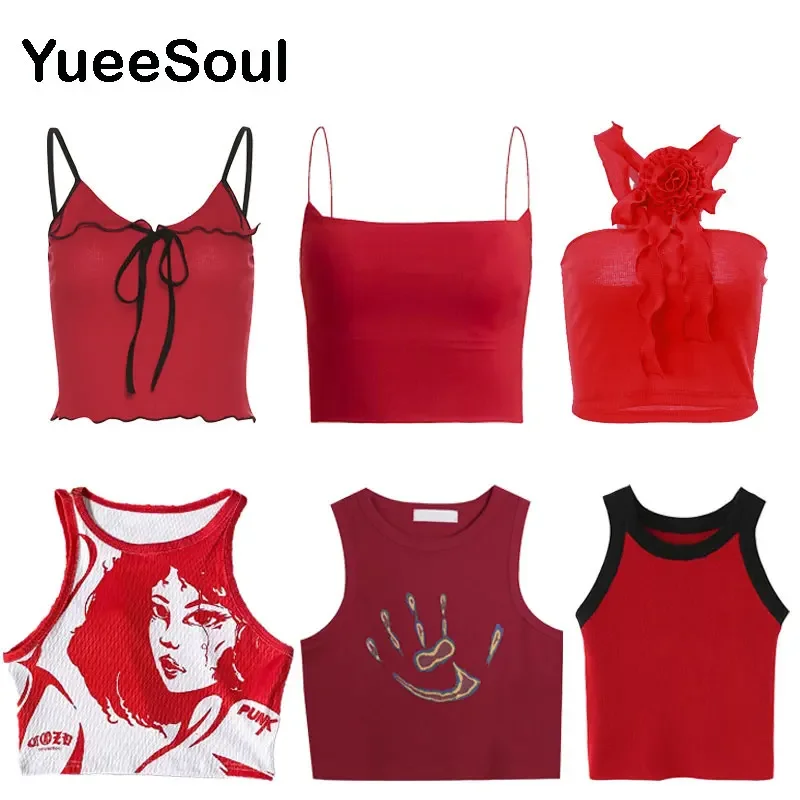 Red Crop Tops Sleeveless Casual Tank Tops 2023 Summer New Fashion Y2K Aesthetic Vintage Sexy High Street Camis Women's Clothing