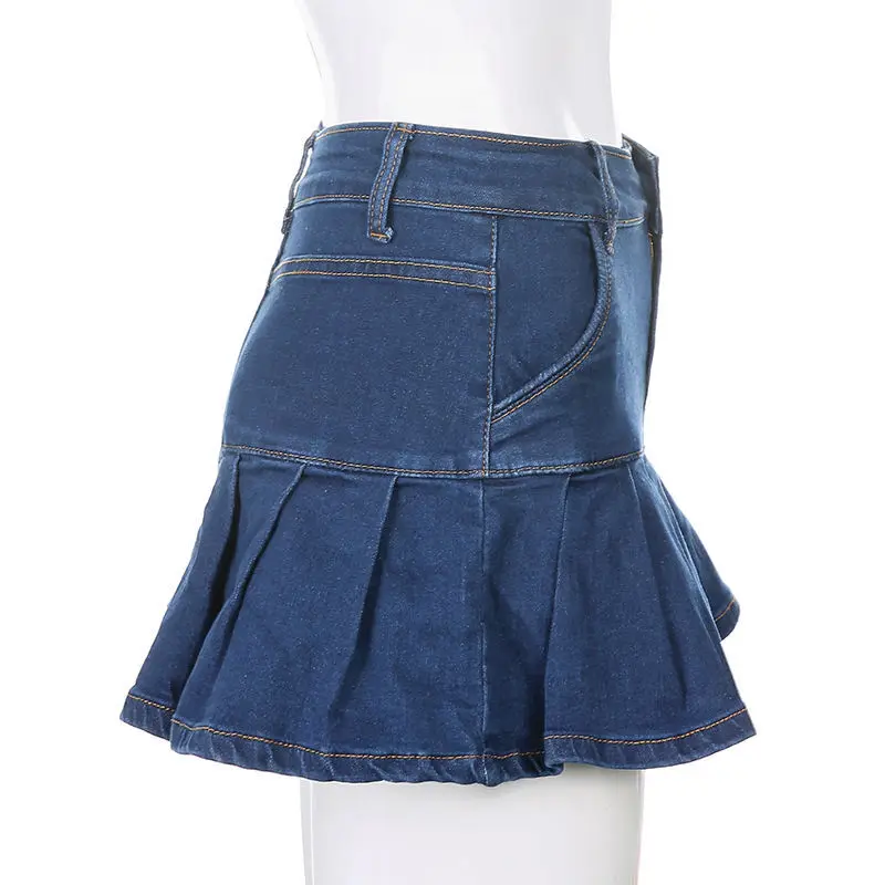 Harajuku Punk Y2K Denim Mini Pleated Skirt Ladies Summer Retro High Waist Jeans Shorts Skirts Women Ruffles Fashion Korean