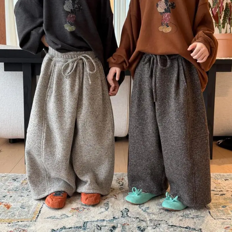 2026 Winter New Children Fleece Casual Pants Solid Boys Wide Leg Pants Plus Velvet Thick Girls Woolen Trousers Kids Clothes