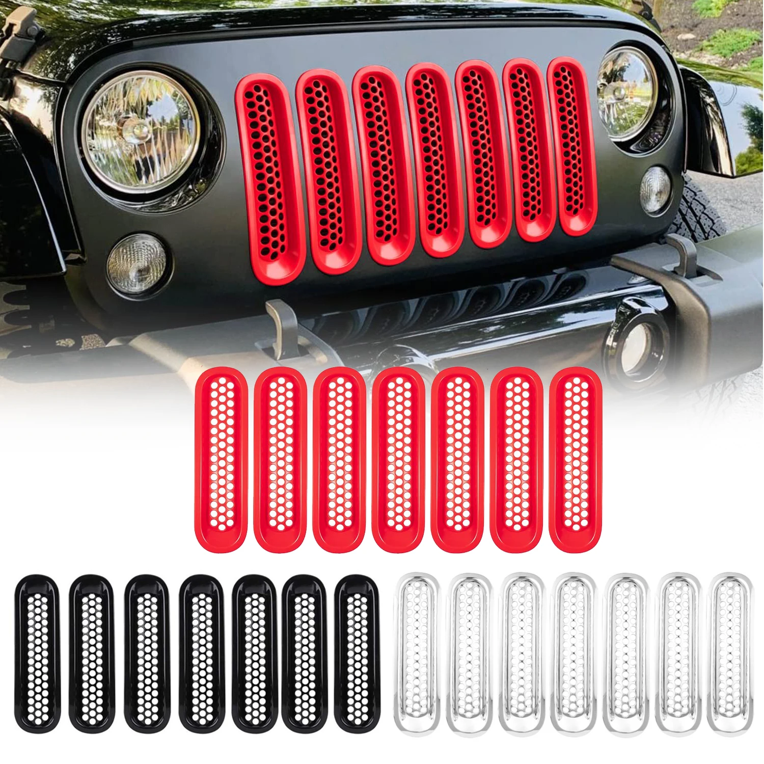 

7PCS Front Mesh Grille Insert Grill Cover Guard Trim Auto Accessories for Jeep Wrangler JK 2007-2017 ABS Car Styling Sticker